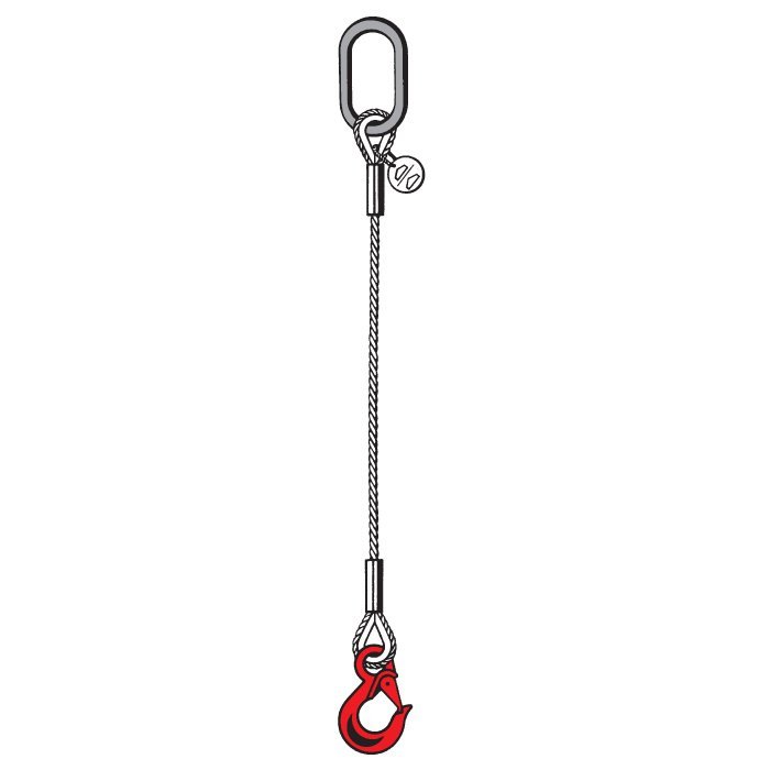 Single leg wire rope with hook eye main connection with safety latch