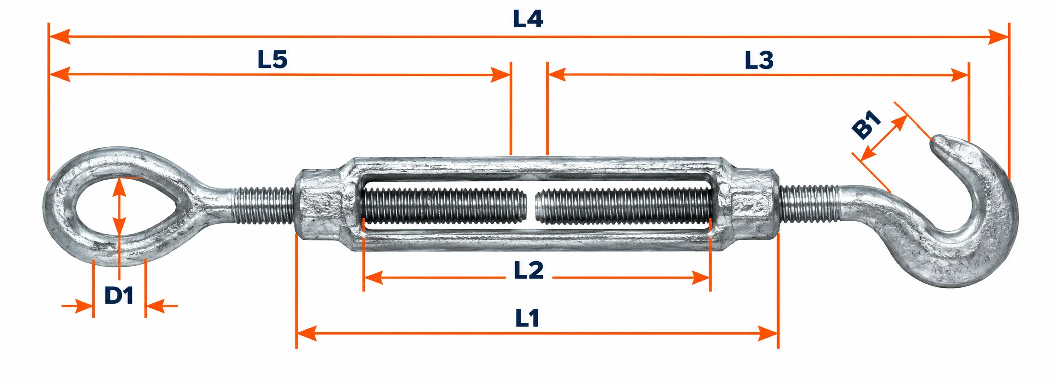 DIN 1480 Galvanized Hook & Eye Turnbuckle technical dimension diagram showing L1, L2, L3, L4, L5, B1 and D1 measurements