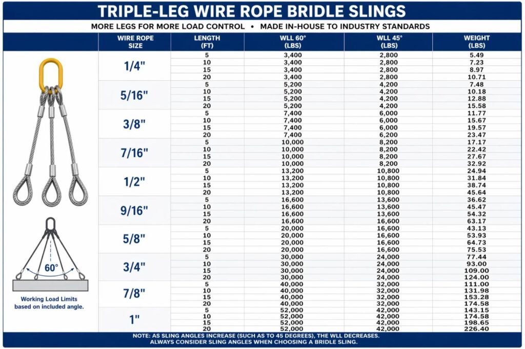 Wire Rope Bridle Chart Triple-Leg Wire Rope Bridle Slings - Heavy Tools