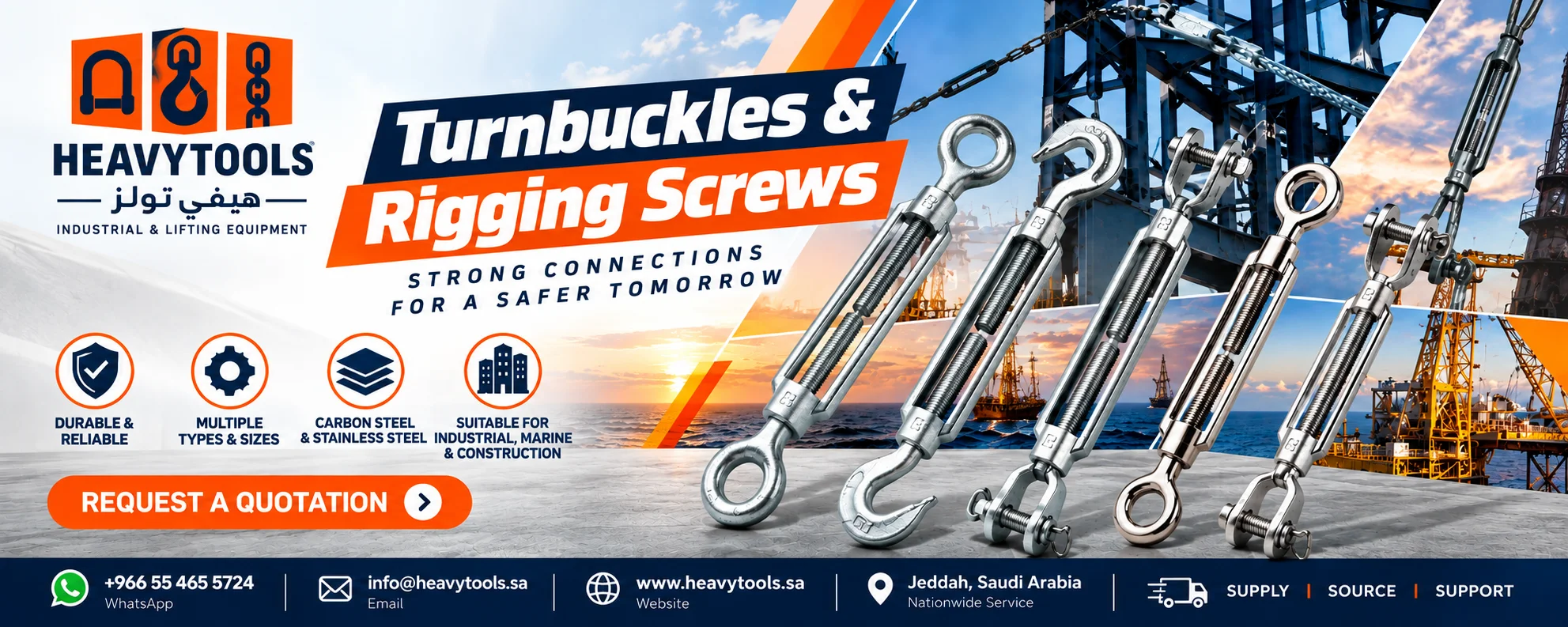Turnbuckle Types – DIN 1480 Galvanized, US Type & AISI 316 Stainless Steel | Heavy Tools Saudi Arabia
