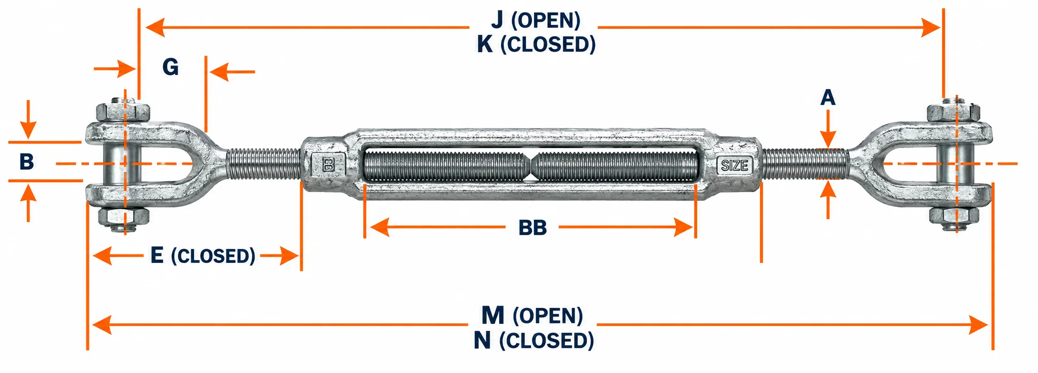 US Type Galvanized Jaw & Jaw Turnbuckle Dimensions Diagram