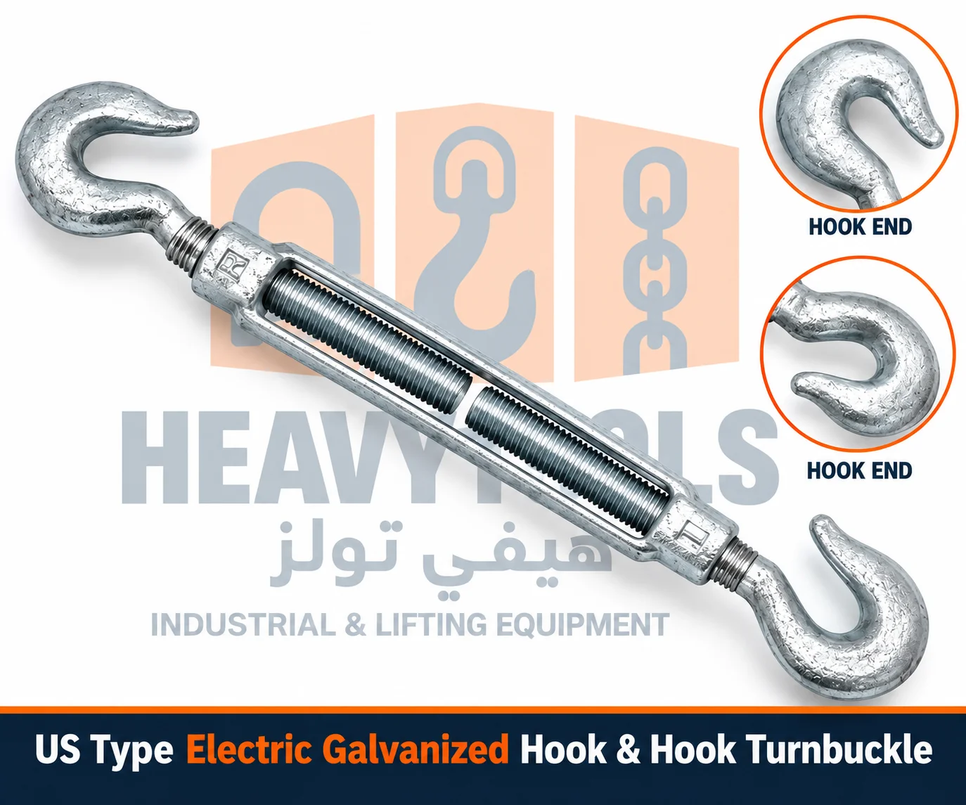 US Type Electric Galvanized Hook & Hook Turnbuckle measurement guide showing open and closed lengths, hook openings, thread diameter and adjustable body dimensions.