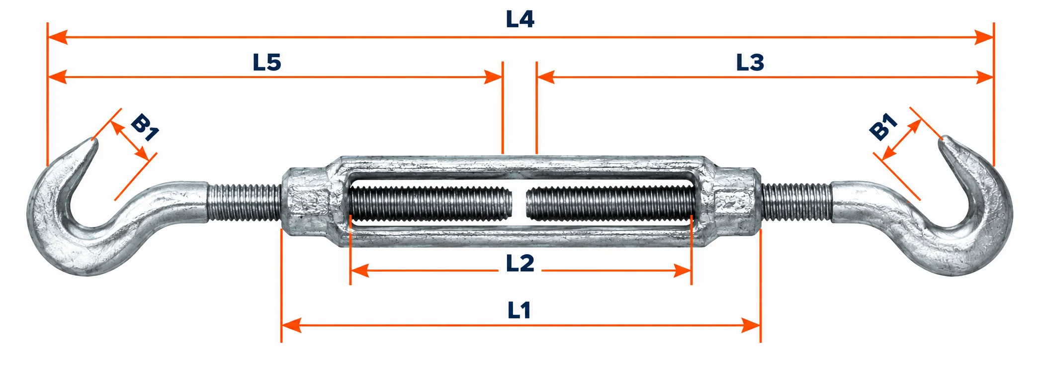 DIN 1480 Galvanized Hook & Hook Turnbuckle dimensions diagram showing L1, L2, L3, L4, L5 and B1 measurements