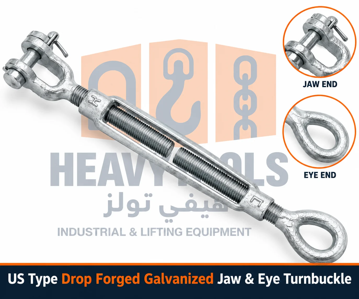 Drop forged galvanized Jaw & Eye turnbuckle showing forged jaw connection, secured pin, eye end and threaded adjustment body.
