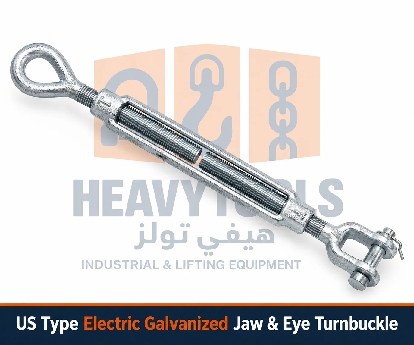 US Type Electric Galvanized Jaw & Eye Turnbuckle with adjustable steel body, closed eye and clevis jaw pin