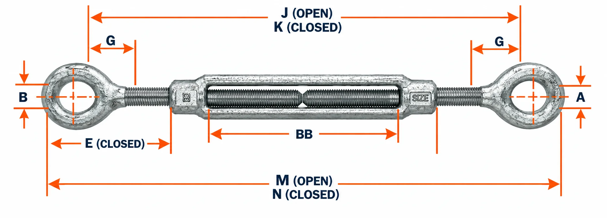 US Type galvanized Eye & Eye turnbuckle technical dimension diagram showing open and closed lengths, eye diameter, threaded ends and body measurements.