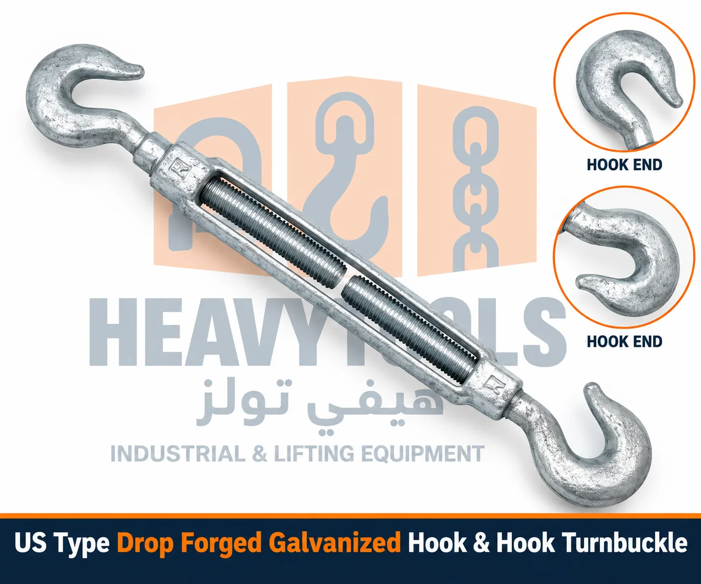US Type Drop Forged Galvanized Hook & Hook Turnbuckle with adjustable steel body and two hook ends – Heavy Tools Saudi Arabia.