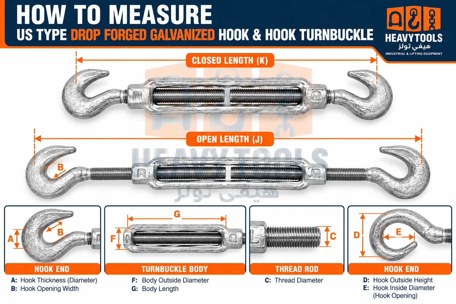 How to measure a US Type Drop Forged Galvanized Hook & Hook Turnbuckle, showing open and closed lengths, hook dimensions, body length and thread diameter.