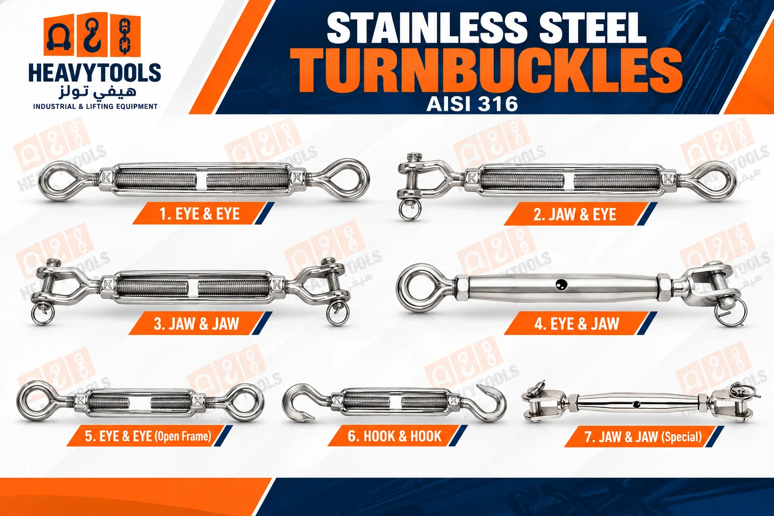 Stainless Steel Turnbuckles AISI 316 – Eye, Jaw and Hook Types