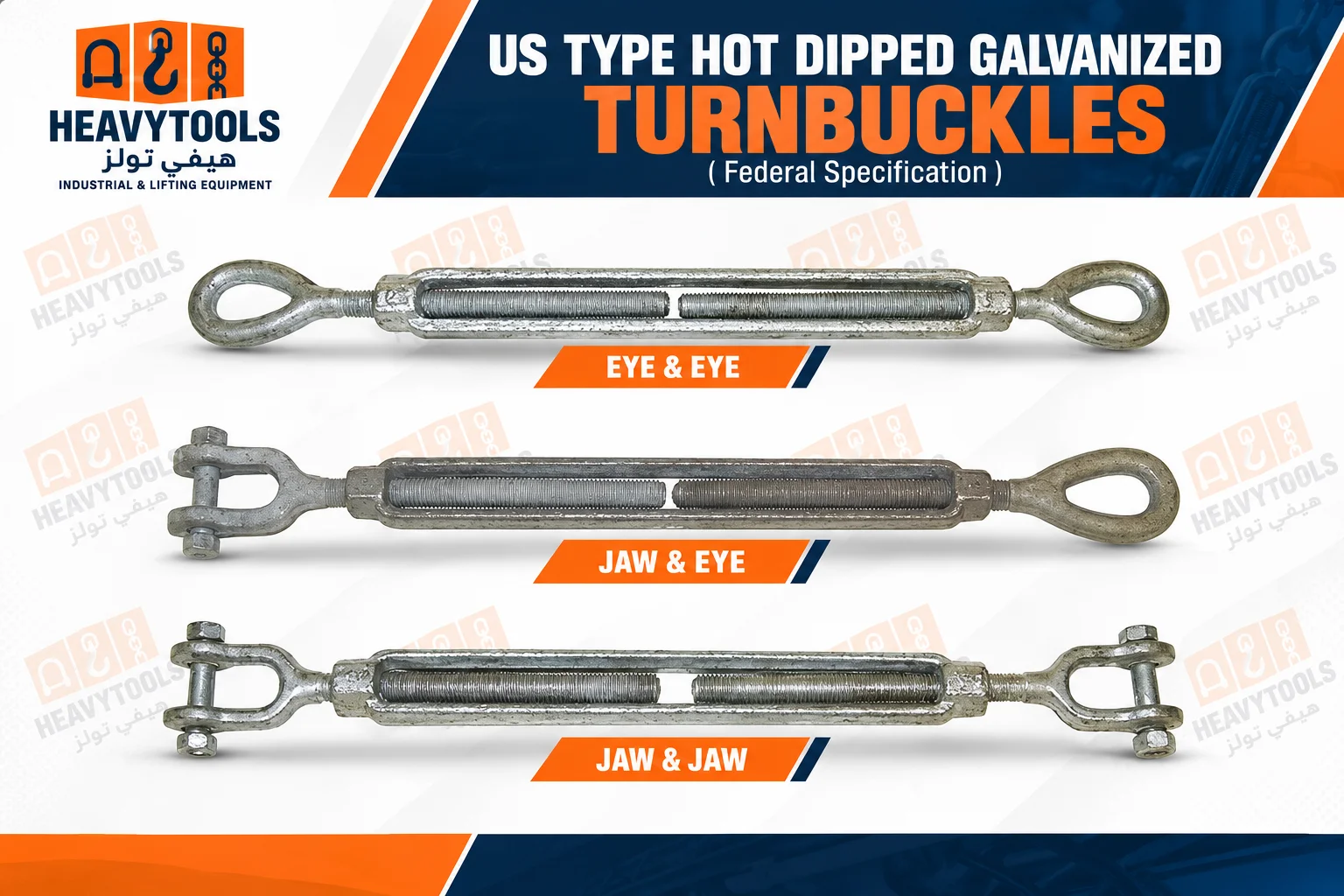 US Type Hot Dipped Galvanized Turnbuckles – Eye Eye, Jaw Eye and Jaw Jaw