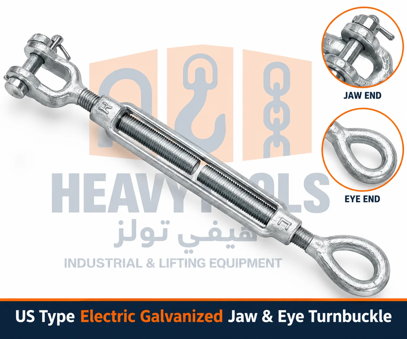 Galvanized Jaw & Eye Turnbuckle showing clevis jaw pin connection and closed eye end fitting